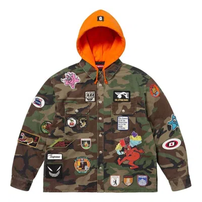 Supreme Patches Hooded Zip Up Shirt 'woodland Camo' In Green