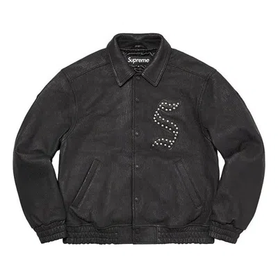 Supreme Pebbled Leather Varsity Jacket 'black White'