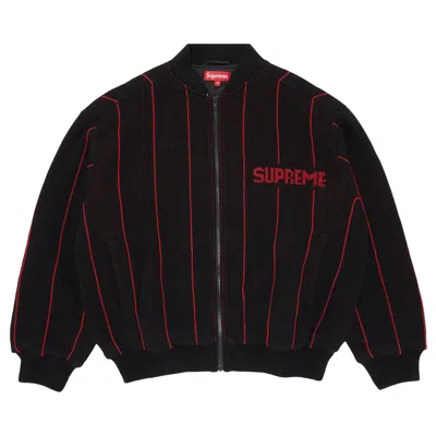 Pre-owned Supreme Pinstripe Varsity Zip Up Sweater 'black'