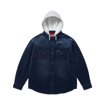Pre-owned Supreme Quilted Lined Hooded Velvet Snap Shirt 'navy' | Blue | Men's Size L