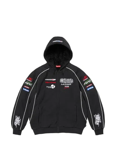 Supreme Racing Logo-patch Zip-up Hoodie In Black