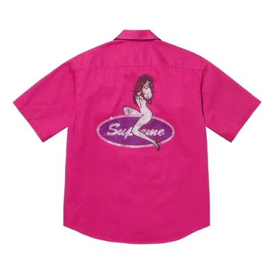 Supreme Rhinestone Pin Up Short-sleeve Work Shirt 'fuchsia' In Pink