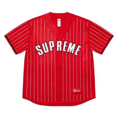 Pre-owned Supreme Rhinestone Stripe Baseball Jersey 'red'