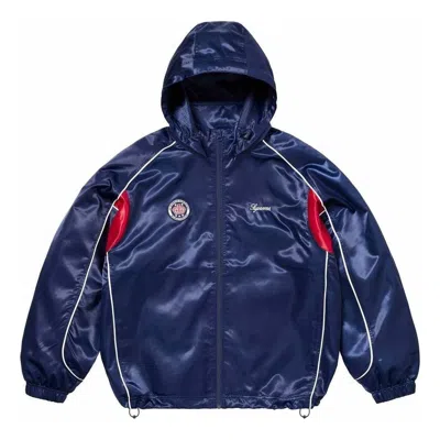 Supreme Satin Hooded Track Jacket 'navy' In Blue