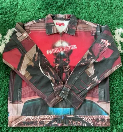Pre-owned Supreme Scarface The World Is Yours Denim Trucker Jacket In Red