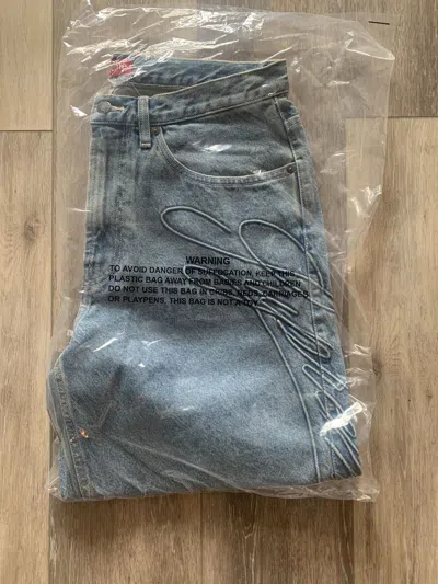 Pre-owned Supreme Script Baggy Denim Shorts 32 In Hand! In Washed Indigo