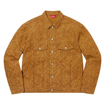 Pre-owned Supreme Script Jacquard Denim Trucker Jacket 'brown'