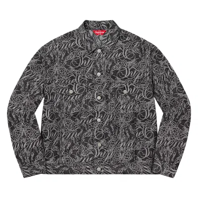 Pre-owned Supreme Script Jacquard Denim Trucker Jacket 'washed Black'