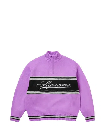 Supreme Script Stripe Half-zip Sweater In Purple