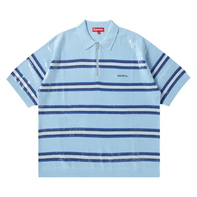 Pre-owned Supreme Sequin Stripe Zip Polo 'blue' | Men's Size S