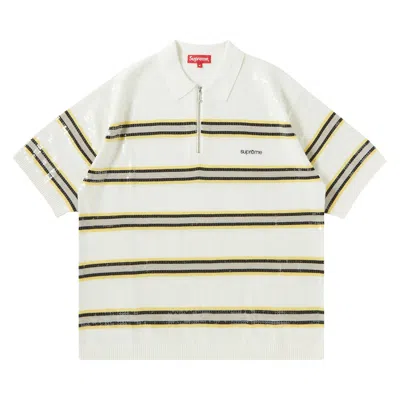 Pre-owned Supreme Sequin Stripe Zip Polo 'white' | Men's Size M