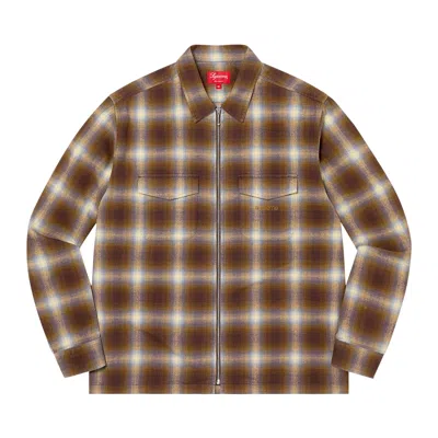 Pre-owned Supreme Shadow Plaid Flannel Zip Up Shirt 'brown' | Men's Size M