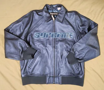 Pre-owned Supreme Silver Surfer Leather Varsity Jacket In Blue