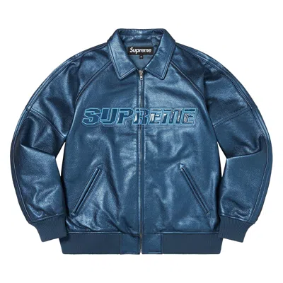 Pre-owned Supreme Silver Surfer Leather Varsity Jacket 'blue' | Men's Size S