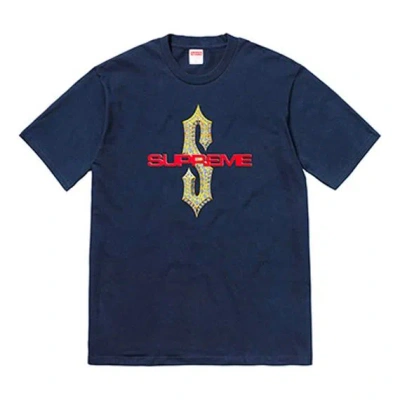 Supreme Ss18 Diamonds Tee Navy Diamond Printing Short Sleeve Unisex Navy Blue