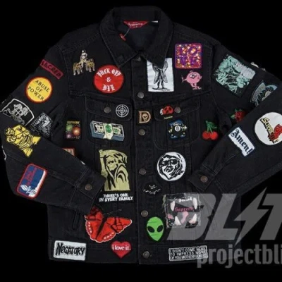 Pre-owned Supreme Ss18  Patches Denim Trucker Jacket Black Size M Medium 2018