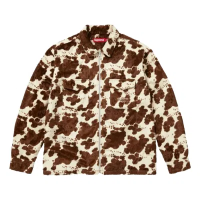 Supreme Ss26 Faux Fur Zip Up Shirt 'cow' In Burgundy