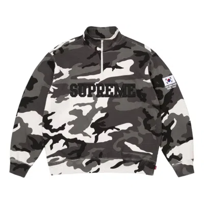 Supreme Flag-detail Half-zip Camouflage-pattern Sweatshirt In Gray