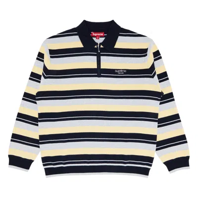 Pre-owned Supreme Stripe Zip Long-sleeve Polo 'navy' In Blue