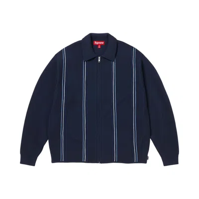 Pre-owned Supreme Stripe Zip Up Polo Sweater 'navy' | Blue | Men's Size M