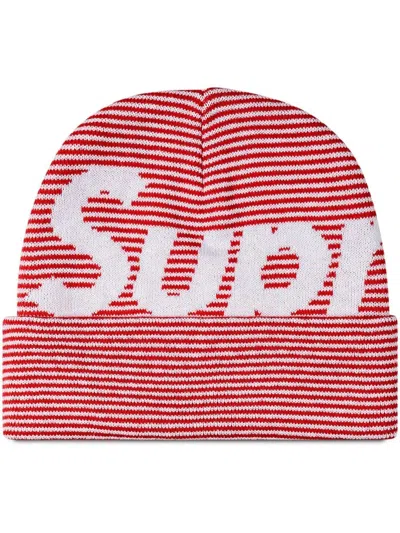 Supreme Striped Big Logo Beanie In Red