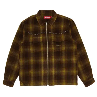 Pre-owned Supreme Studded Shadow Plaid Zip Up Shirt 'olive' | Green | Men's Size M