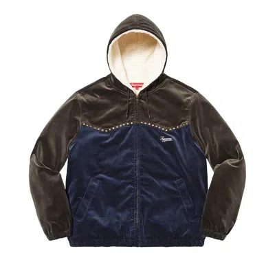 Pre-owned Supreme Studded Velvet Hooded Work Jacket 'navy' | Blue | Men's Size Xl