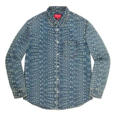Supreme Warp Jacquard Logos Denim Shirt 'teal White' In Blue