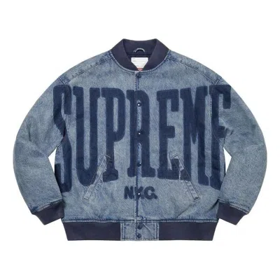 Supreme Washed Knockout Denim Varsity Jacket 'teal' In Blue