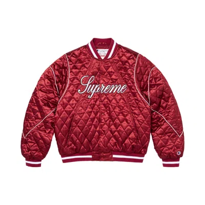 Pre-owned Supreme X Champion Quilted Satin Varsity Jacket 'dark Red' | Men's Size Xl