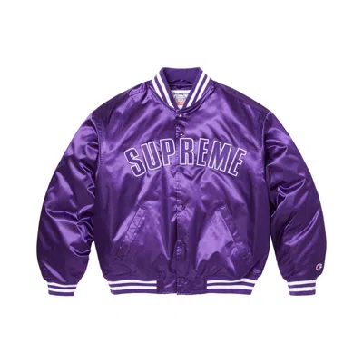 Pre-owned Supreme X Champion Satin Varsity Jacket 'purple' | Men's Size Xl