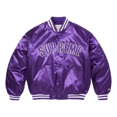 Supreme X Champion Ss26 Satin Varsity Jacket 'purple' In Multi