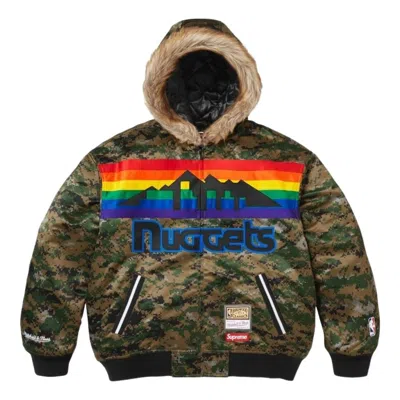 Supreme X Mitchell & Ness Ss26 Teams Hooded Satin Varsity Jacket 'digi Camo' In Multi