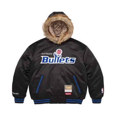 Pre-owned Supreme X Mitchell & Ness Teams Hooded Satin Varsity Jacket 'black' | Men's Size Xl