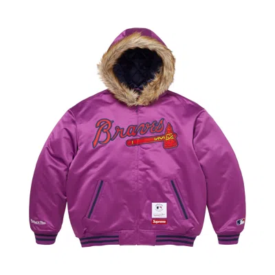 Pre-owned Supreme X Mitchell & Ness Teams Hooded Satin Varsity Jacket 'purple' | Men's Size M