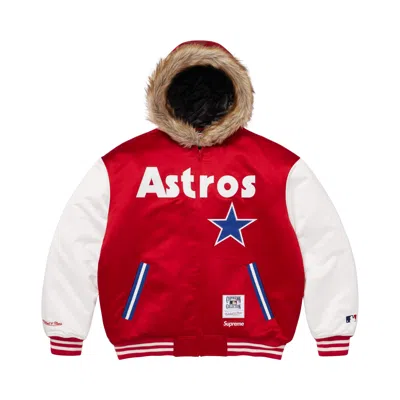 Pre-owned Supreme X Mitchell & Ness Teams Hooded Satin Varsity Jacket 'red' | Men's Size L