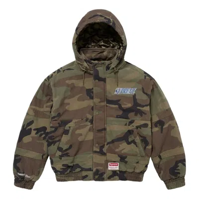 Supreme X Mitchell & Ness Twill Stadium Jacket 'woodland Camo' In Green