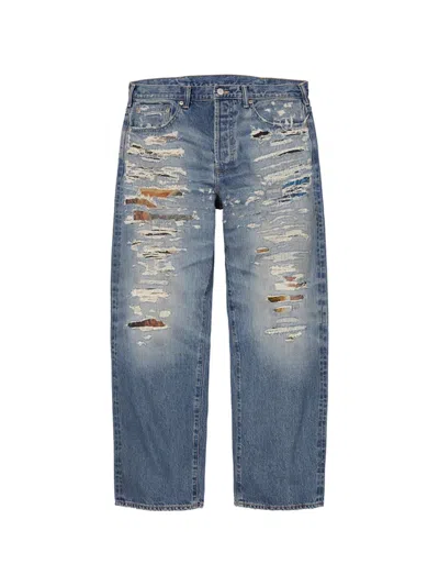 Supreme X Mm6 Maison Margiela Distressed-effect Trousers In Blue