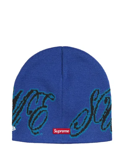 Supreme X New Era Cursive Beanie Hat In Blue