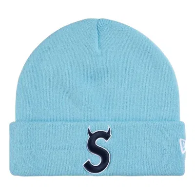 Supreme X New Era Devil S Logo-embroidered Beanie Hat In Blue