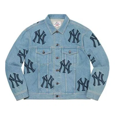 Supreme X New York Yankees Denim Trucker Jacket 'teal Black' In Blue