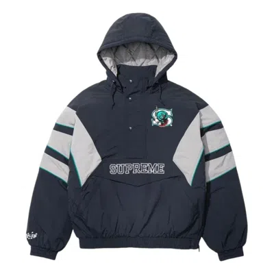 Supreme X Salem Ss26 Half Zip Stadium Jacket 'navy' In Blue