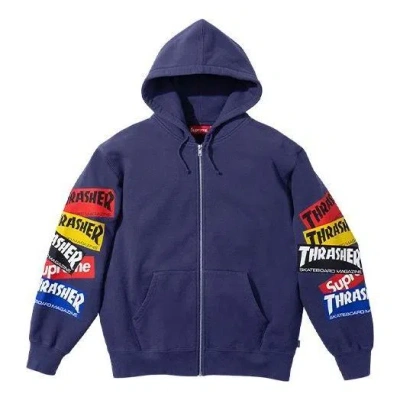Supreme X Thrasher Multi Logo Zip Up Hooded Sweatshirt 'purple Multi-color' In Blue