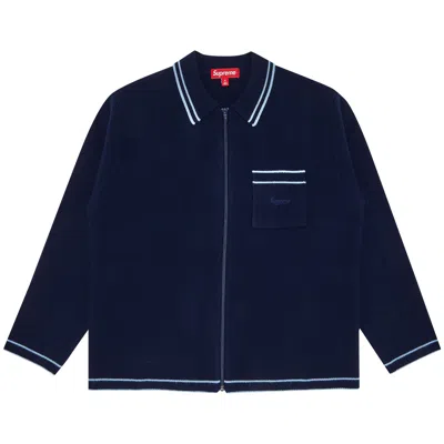 Pre-owned Supreme Zip Up Polo Sweater 'navy' In Blue