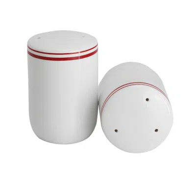 SUR LA TABLE CERAMIC SALT AND PEPPER SHAKER IN WHITE WITH RED BAND