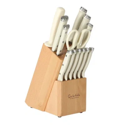 Sur La Table Kitchen Essentials 14 Piece Cutlery Set, German Steel Forged Knives, Beech Wood Block, Chef, Santoku, Bread, Steak Kniv In Linen White