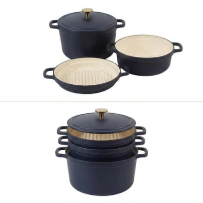 Sur La Table Kitchen Essentials 4-piece Enameled Cast Iron Stackable Cookware Set Dutch Oven With Li In Navy Blue