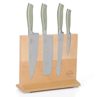 Sur La Table Kitchen Essentials 5 Piece German Steel Blade With Triple Riveted Handle Set On Beechwood Magentic Block - Juniper Gree In Green
