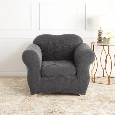 Sure Fit Stretch Jacquard Damask Box Cushion Armchair Slipcover In Gray