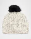 Surell Accessories Chunky Crochet Knit Beanie With Faux Fur Pom In White